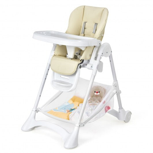 Baby Convertible Folding Adjustable High Chair with Wheel Tray Storage Basket-Beige - Color: Beige
