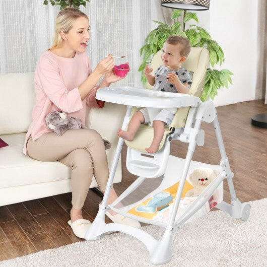 Baby Convertible Folding Adjustable High Chair with Wheel Tray Storage Basket-Beige - Color: Beige