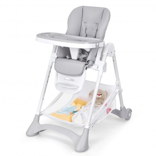 Baby Convertible Folding Adjustable High Chair with Wheel Tray Storage Basket-Gray - Color: Gray