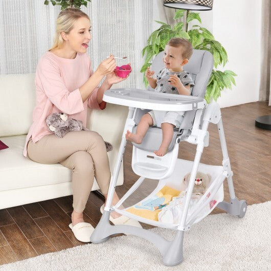 Baby Convertible Folding Adjustable High Chair with Wheel Tray Storage Basket-Gray - Color: Gray
