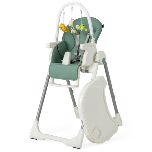 4-in-1 Foldable Baby High Chair with 7 Adjustable Heights and Free Toys Bar-Green - Color: Green