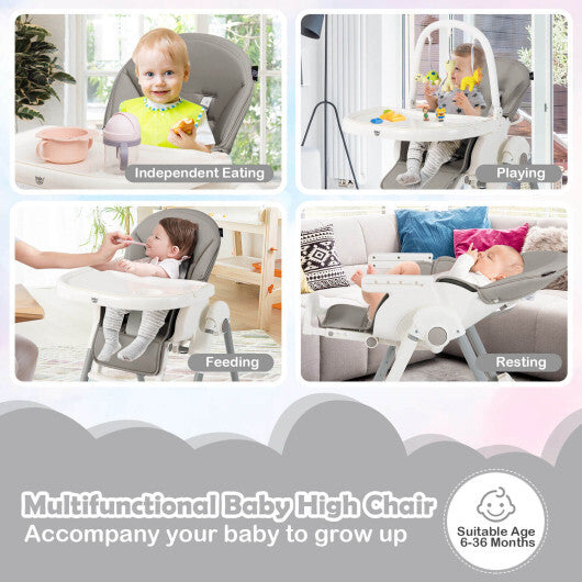 4-in-1 Foldable Baby High Chair with 7 Adjustable Heights and Free Toys Bar-Gray - Color: Gray - Minihomy