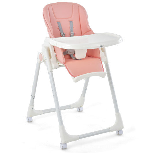 Folding High Chair with Height Adjustment and 360? Rotating Wheels-Pink - Color: Pink