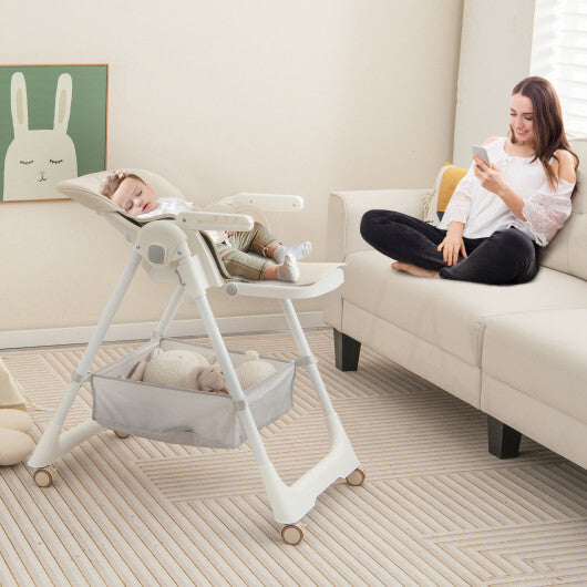 Convertible High Chair with Reclining Backrest for Babies and Toddlers-Beige - Color: Beige - Minihomy