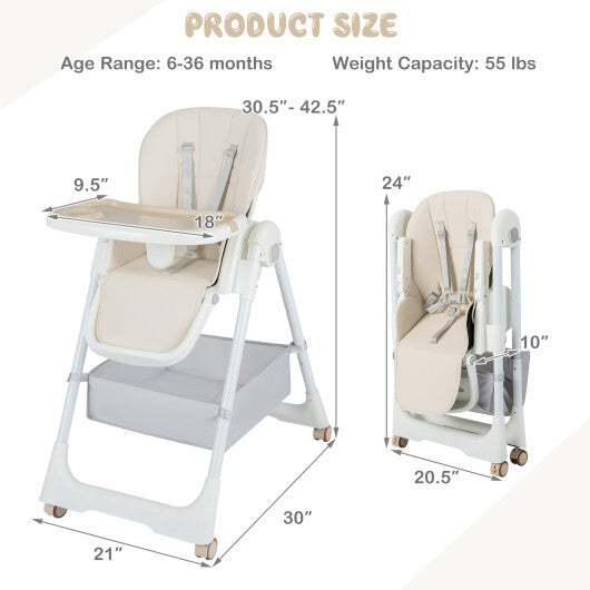 Convertible High Chair with Reclining Backrest for Babies and Toddlers-Beige - Color: Beige - Minihomy