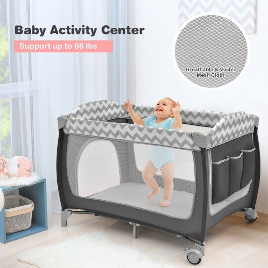 3-in-1 Portable Baby Playard with Zippered Door and Toy Bar-Gray - Color: Gray - Minihomy