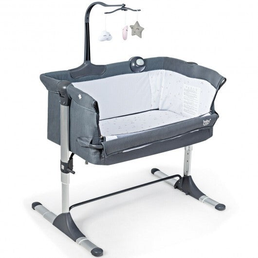 Height Adjustable Baby Side Crib  with Music Box & Toys-Dark Gray - Color: Dark Gray