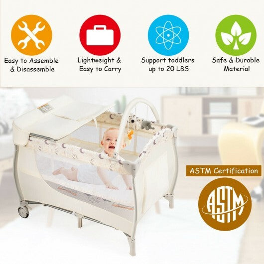 Foldable Safety  Baby Playard for Toddler Infant with Changing Station-Beige - Color: Beige - Minihomy