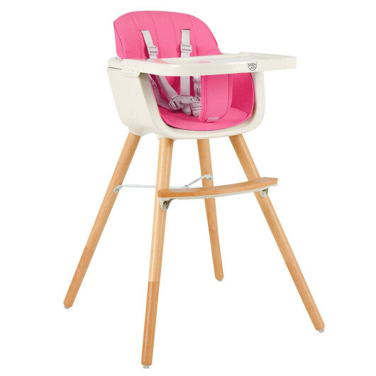 3-in-1 Convertible Wooden High Chair with Cushion-Pink - Color: Pink
