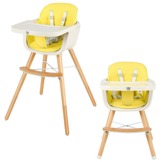 3-in-1 Convertible Wooden High Chair with Cushion-Yellow - Color: Yellow