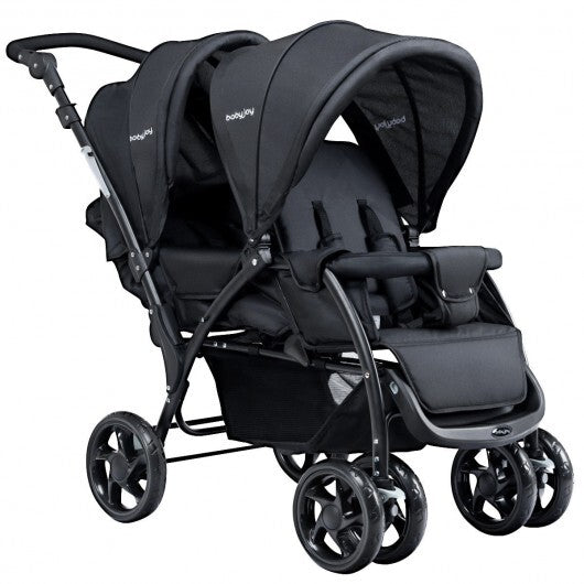 Foldable Lightweight Front Back Seats Double Baby Stroller-Black - Color: Black