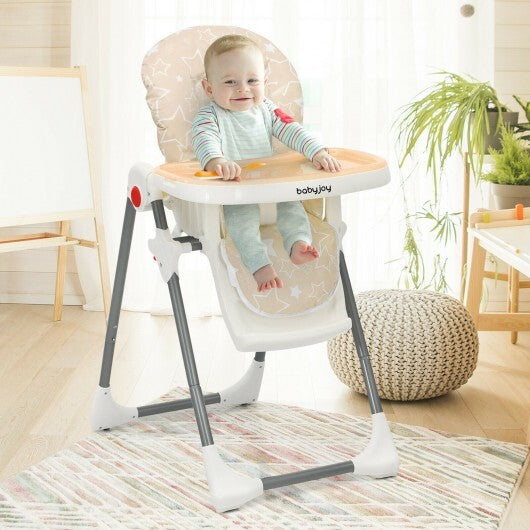 Folding Baby High Dining Chair with 6-Level Height Adjustment-Beige - Color: Beige