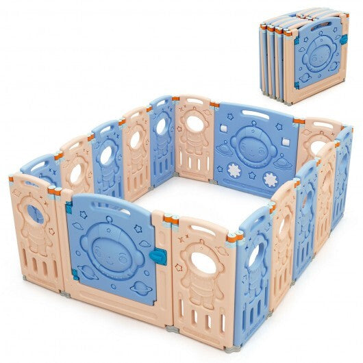 16-Panel Foldable Playpen Kids Activity Center with Lockable Door - Color: Pink & Blue - Size: 16-Panel
