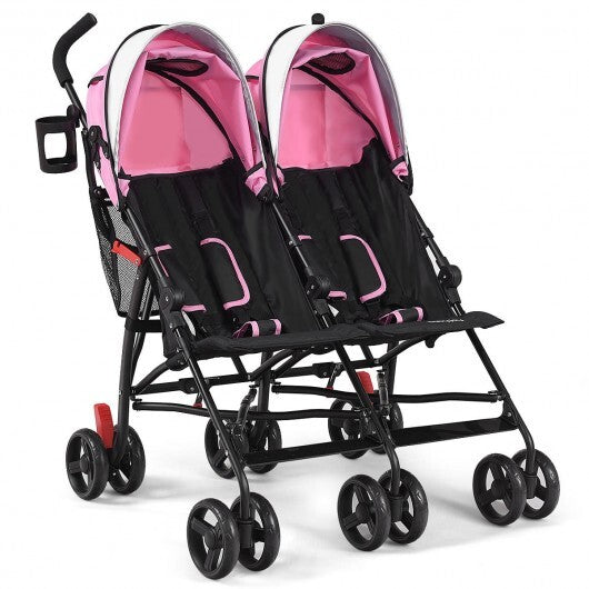 Foldable Twin Baby Double Stroller Ultralight Umbrella Kids Stroller-Pink - Color: Pink