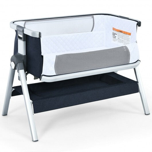 Baby Bassinet Bedside Sleeper with Storage Basket and Wheel for Newborn-Navy - Color: Navy