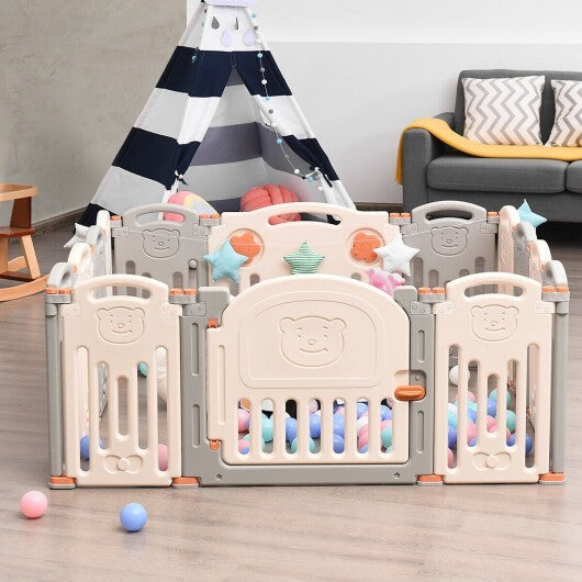 Foldable Baby Playpen 14 Panel Activity Center Safety Play Yard-Beige - Color: Beige - Minihomy