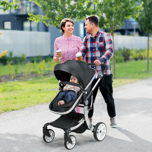 Folding Aluminum Infant Reversible Stroller with Diaper Bag-Black - Color: Black