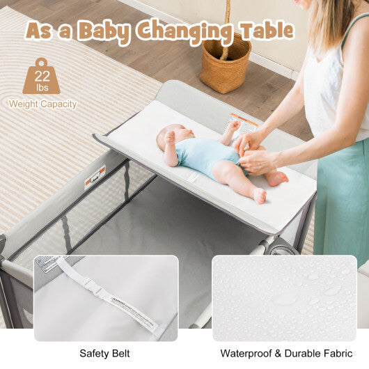 5-in-1 Portable Baby Playard with Cradle and Storage Basket-Gray - Color: Gray - Minihomy