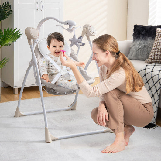 Electric Foldable Baby Rocking Chair with Adjustable Backrest-Beige - Color: Beige