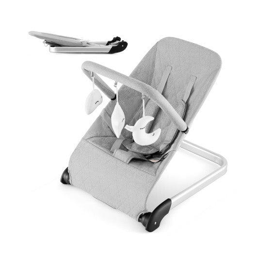 Foldable Baby Bouncer with Removable Fabric Cover and Toy Bar-Gray - Color: Gray