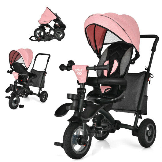 7-In-1 Baby Folding Tricycle Stroller with Rotatable Seat-Pink - Color: Pink