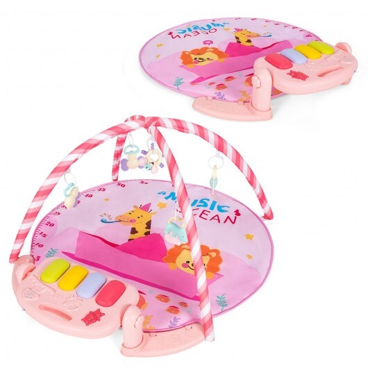 Baby Activity Play Piano Gym Mat with 5 Hanging Sensory Toys-Pink - Color: Pink