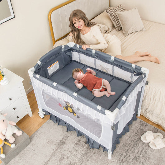 Convertible Bassinet with Removable Changing Table and Detachable Mesh Net-Grey - Color: Gray