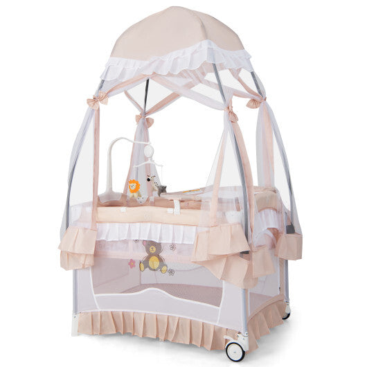 Convertible Bassinet with Removable Changing Table and Detachable Mesh Net-Pink - Color: Pink