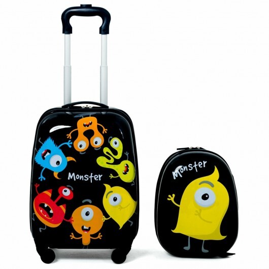 2 pcs Kids Luggage Set 12" Backpack & 16" Rolling Suitcase - Color: Black