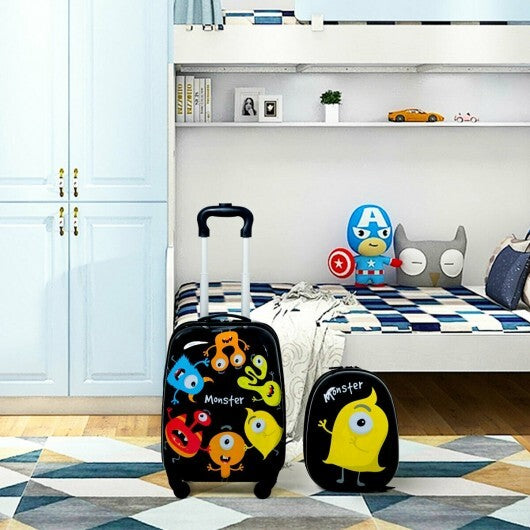 2 pcs Kids Luggage Set 12" Backpack & 16" Rolling Suitcase - Color: Black