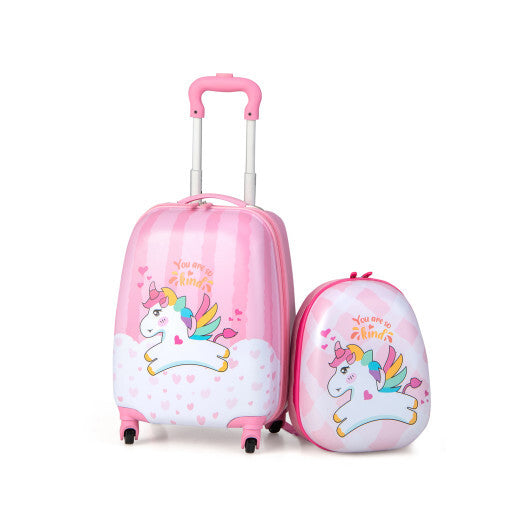 2 Pieces 12 Inch 16 Inch Kids Luggage Set with Backpack and Suitcase for Travel-Lovely Unicorn - Color: Pink