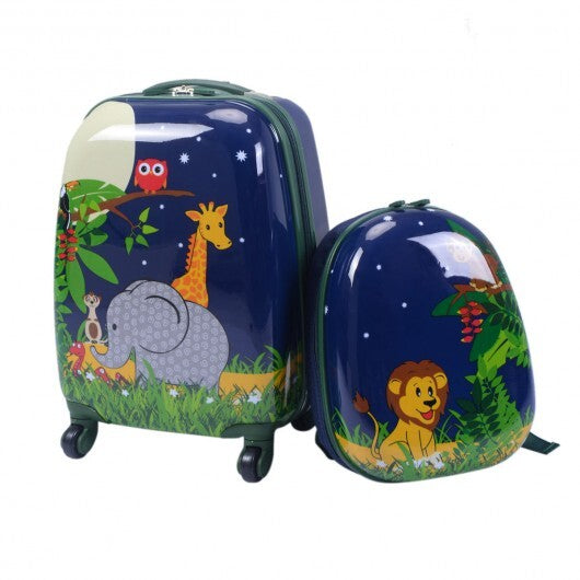 2 Pieces 12 Inch and 16 Inch Kids Carry on Suitcase Rolling Backpack School Luggage Set - Color: Dark Blue