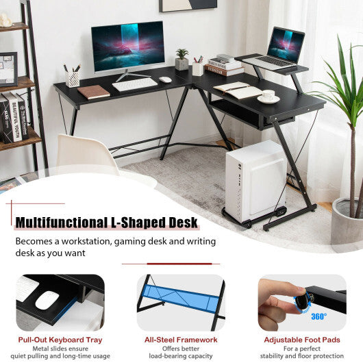 L Shaped Computer Desk Home Office Workstation with Movable Monitor Stand-Black - Color: Black - Minihomy