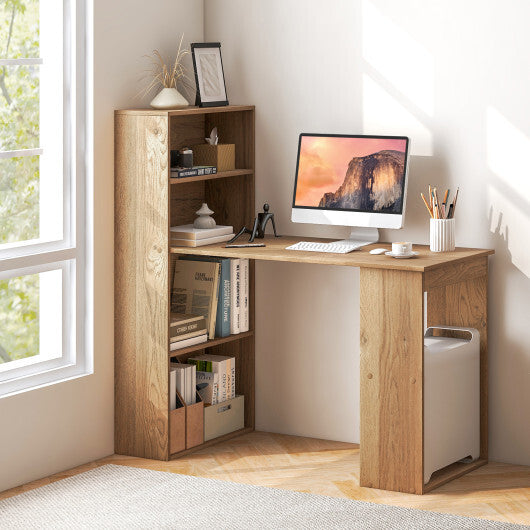 48 Inch Computer Desk with 4-Tier Bookcase and CPU Stand-Natural - Color: Natural - Minihomy