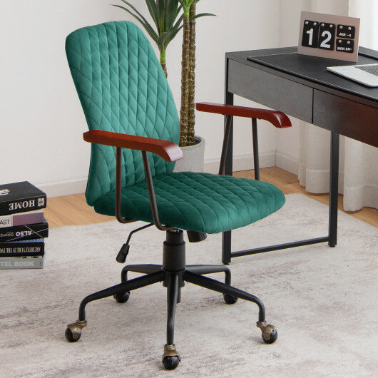 Velvet Home Office Chair with Wooden Armrest Green - Color: Green