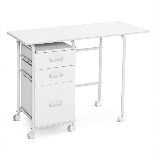 Home Office Folding Computer Laptop Desk Wheeled with 3 Drawers-White - Color: White