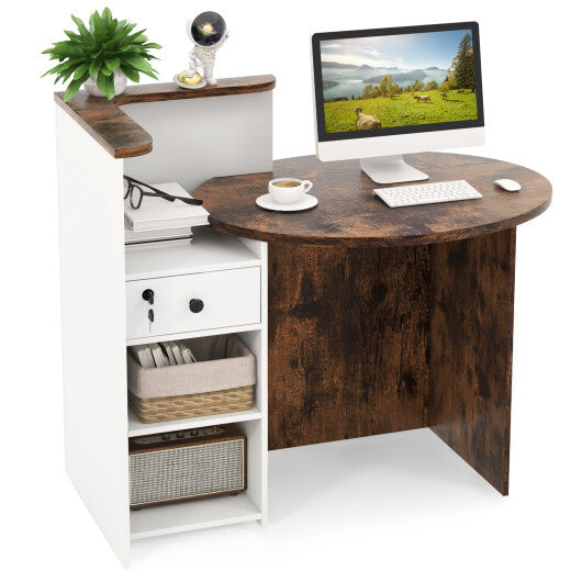 Front Reception Office Desk with Open Shelf and Lockable Drawer-Brown & White - Color: Brown & White - Minihomy