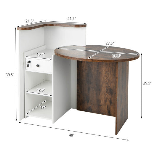 Front Reception Office Desk with Open Shelf and Lockable Drawer-Brown & White - Color: Brown & White - Minihomy