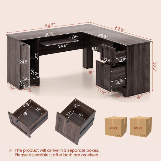 L-Shaped Office Desk with Storage Drawers and Keyboard Tray-Dark Brown - Color: Dark Brown - Minihomy