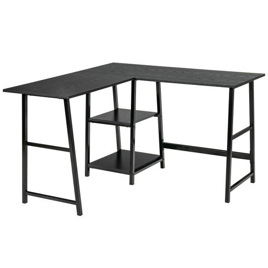 L Shaped Corner Computer Desk with Storage Shelves-Black - Color: Black - Minihomy