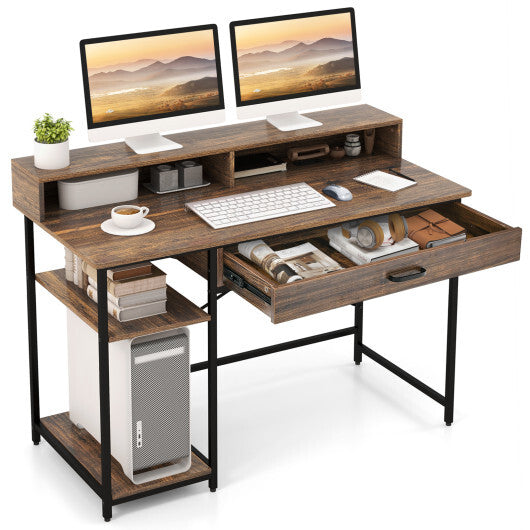 48 Inch Computer Desk with Monitor Stand Drawer and Shelves-Rustic Brown - Color: Rustic Brown - Minihomy