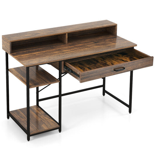 48 Inch Computer Desk with Monitor Stand Drawer and Shelves-Rustic Brown - Color: Rustic Brown - Minihomy