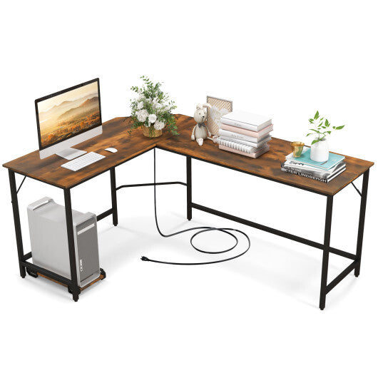 L-Shaped Computer Desk with CPU Stand Power Outlets and USB Ports-Rustic Brown - Color: Rustic Brown - Minihomy