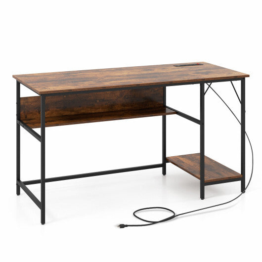 55 Inches Computer Desk with Charging Station-Brown - Color: Brown - Minihomy