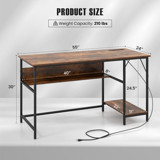 55 Inches Computer Desk with Charging Station-Brown - Color: Brown - Minihomy