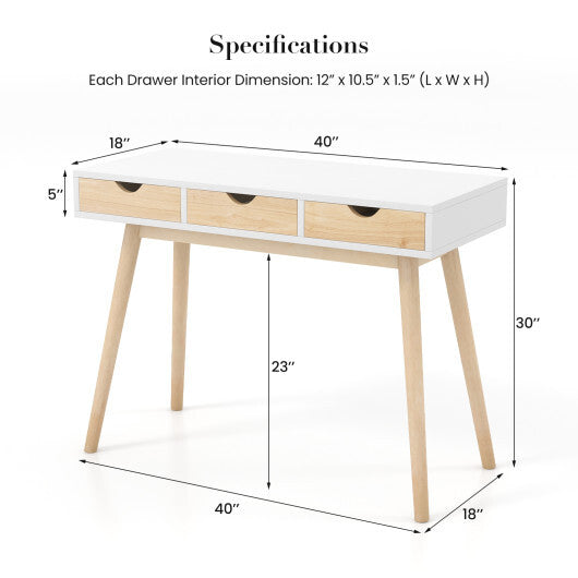 Computer Desk with 3 Drawers and Solid Rubber Wood Legs for Home Office - Color: Natural - Minihomy