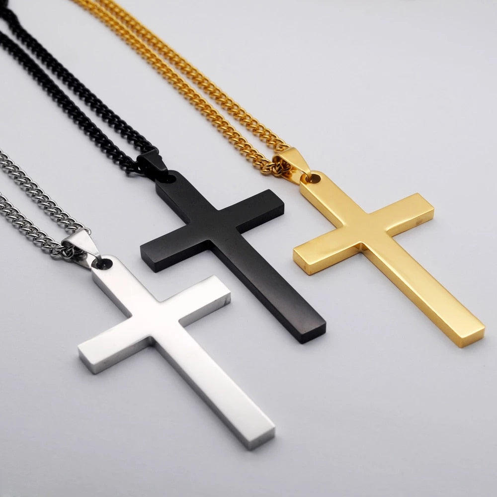 Korean Christian single smooth titanium Cross Necklace Pendant with chain stainless steel men's jewelry - Minihomy