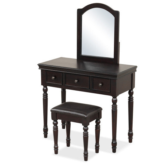 Makeup Vanity Table and Stool Set with Detachable Mirror and 3 Drawers Storage-Walnut - Color: Walnut - Minihomy