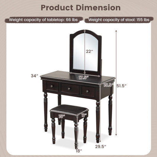 Makeup Vanity Table and Stool Set with Detachable Mirror and 3 Drawers Storage-Walnut - Color: Walnut - Minihomy