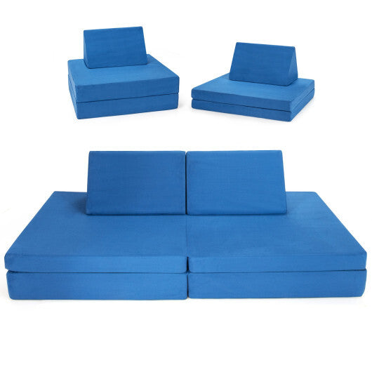 4-Piece Convertible Kids Couch Set with 2 Folding Mats-Blue - Color: Blue